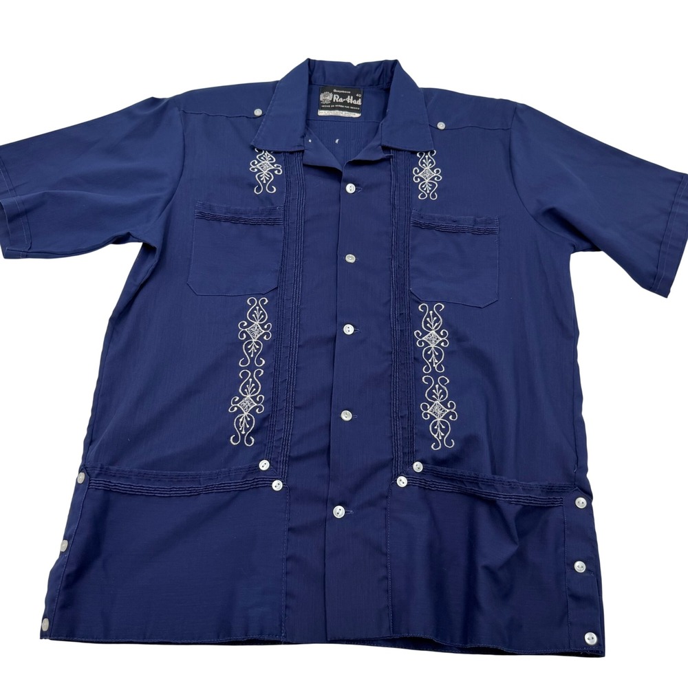 Vintage Ra-Had Navy Blue Guayabera Embroidered Mexican Wedding Shirt Mens 40 L